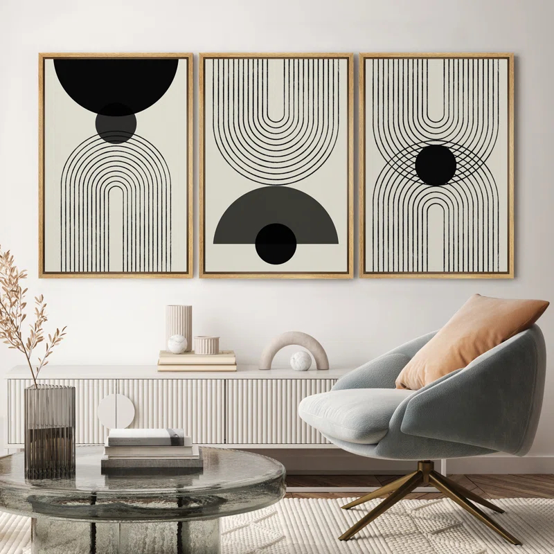 Mid-Century Modern Black And White Minimalist Abstract Home Decor Framed Wall Art Work Canvas Print