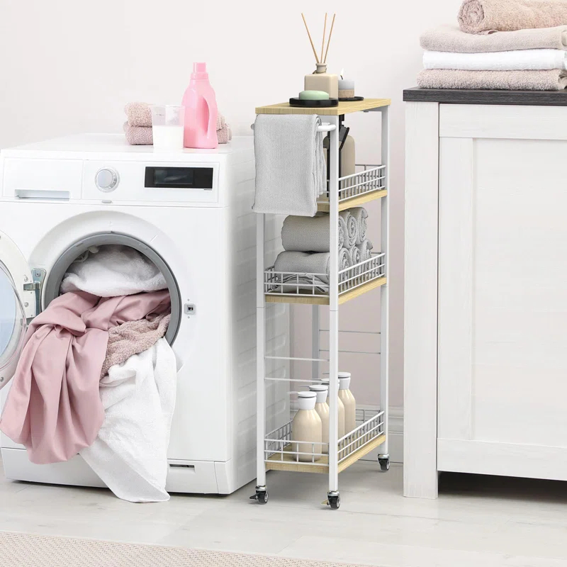 SPECIALTY FLOORING INC Slim Storage Cart Narrow Storage Cabinet 4 Tier Laundry Room Organization Mobile Bathroom Shelving Unit Organizer Rolling Utility Cart Slide Out Kitchen Cart Tower Rack For Narrow Places 7.08'W,(White)