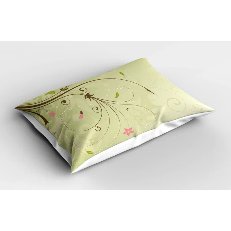 Ambesonne Green and Brown Pillow Sham 2 Pack Swirls Lines Petal Pale Green Brown Pink