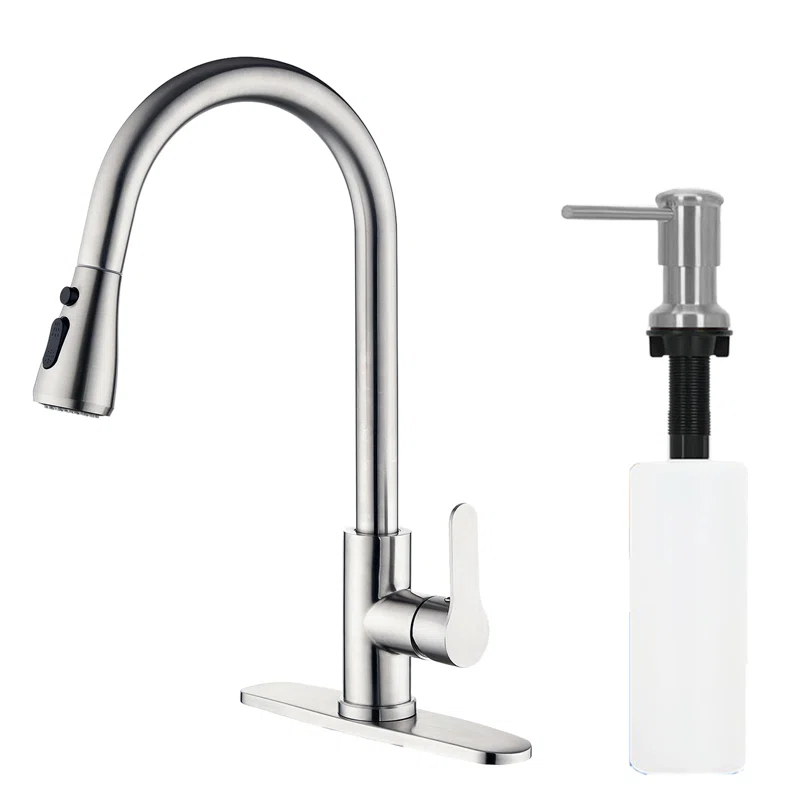 maiguoone ATKW-4047-173 Stainless Steel Single-Handle Pull-Down Sprayer Kitchen Faucet with Soap Dispenser in Brushed Nickel