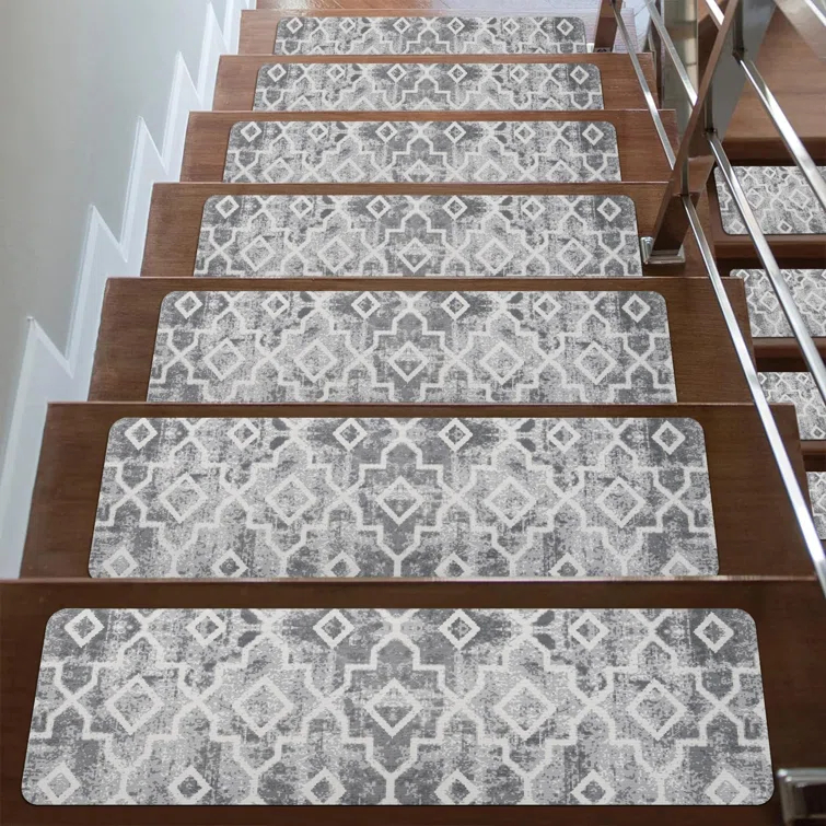 Bungalow Rose Stair Treads Non Slip For Wooden Steps, 15PCS 8"X30" Grey Rubber Backing Stair Runner Mats, Washable Reusable Carpet For Stairs Rugs Indoor Safety Staircase Step Treads For Kids Elders Dogs