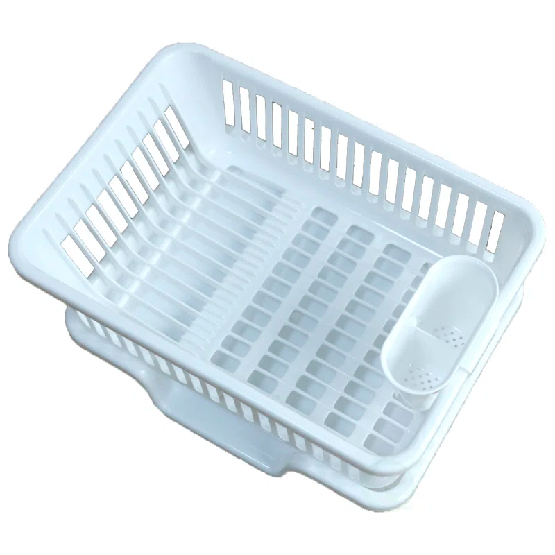 Basicwise Heavy Duty 2-Piece Plastic Dish Drying Rack Set in White - Includes Large Dish Drainer, Attached Drainboard, and Utensil Cup Holders for Home Kitchen Countertop Organization