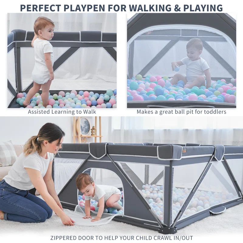 Yobear Foldable Baby Playpen, Yobear Playpen For Babies And Toddlers With 50 Pcs Ocean Balls & 2 Handles, Indoor & Outdoor Kids Safety Play Pen Area, Portable Travel Play Yard