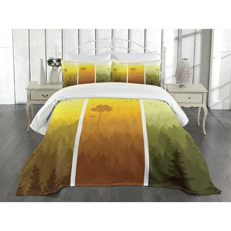 Ambesonne Ambesonne Forest Bedspread Set Hills Trees and Birds Green Orange Yellow