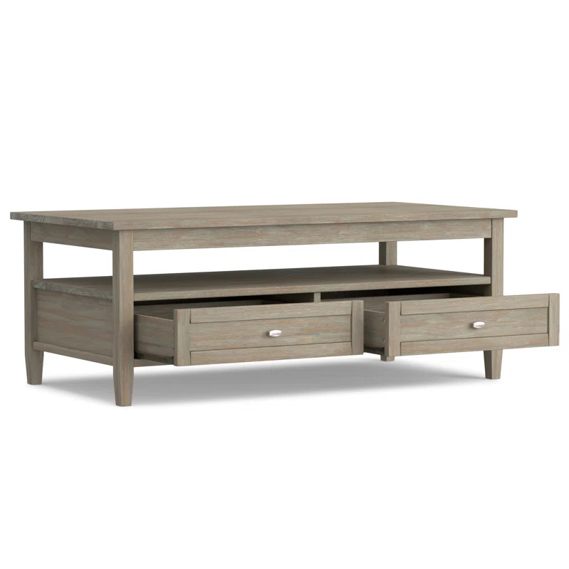 Simpli Home Warm Shaker 48"W Solid Wood Coffee Table with Two Storage Drawers and Open Shelf