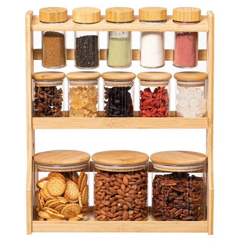 Basicwise Basicwise Versatile 3-tier Bamboo Spice Rack And Pantry Organizer With 13 Glass Jars – Perfect For Countertop Storage In Kitchens To Keep  Seasoning Containers Neatly Displayed And Easily Accessible