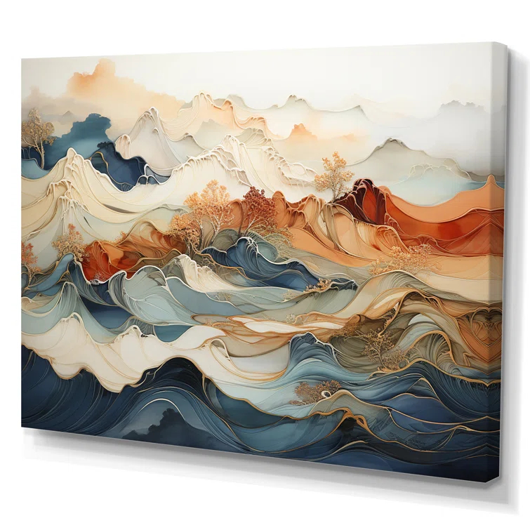 Design Art Abstract Orange And Blue River Ink III - Wall Art Print On Canvas