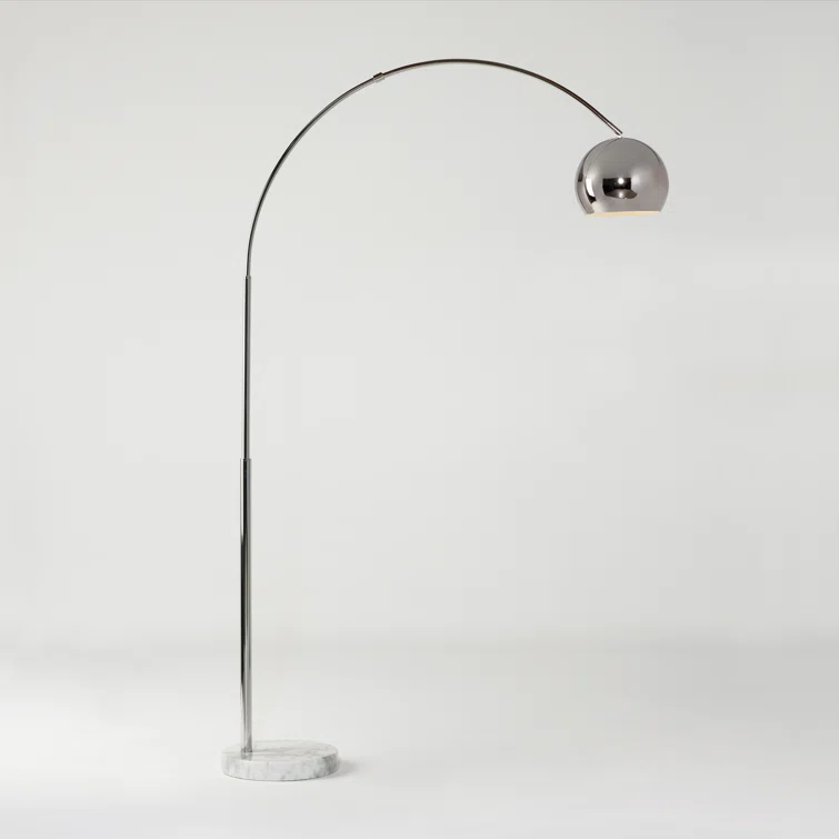 Brightech Olivia 75" Modern Industrial LED Arc Floor Lamp with Silver Chrome Finish, White Marble Base, and Metal Bowl Shade, Bulb Included