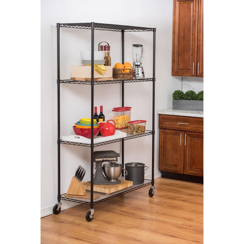 TRINITY Black 4-Tier NSF Rolling Steel Wire Shelving Unit w/ Liners & Wheels (48 in. W x 18 in. D)