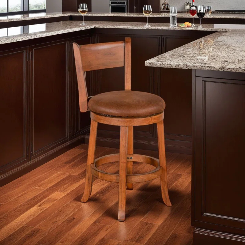 Benjara Marv Swivel Counter Height Chair Set Of 2, Brown Faux Leather, Wood (Set of 2)