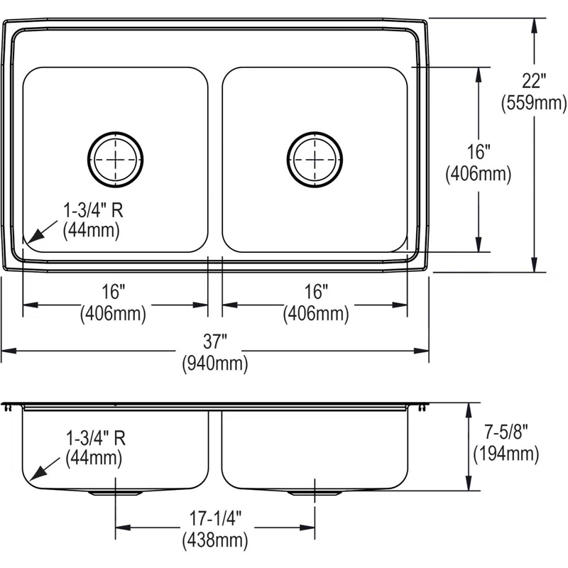 Elkay LR37221 Lustertone 37" L x 22" W Double Basin Drop-In Kitchen Sink