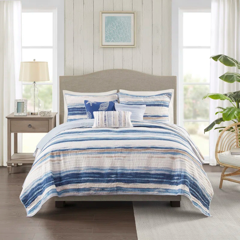 Madison Park Marina 6 Piece Printed Quilt Set with Throw Pillows