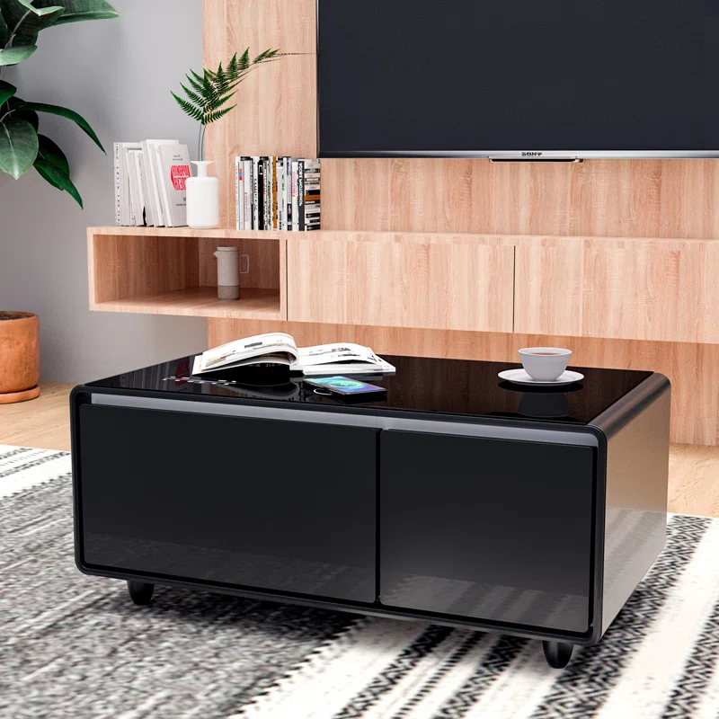 CRS APPLIANCES, Modern Smart Coffee Table with Built-in Fridge, Bluetooth Speaker, Wireless Charging, Touch Control Panel, USB Ports, Outlet Protection, Atmosphere light