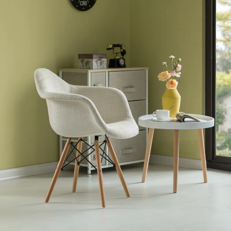 George Oliver Mid-century Modern Style Fabric Lined Armchair With Beech Wooden Legs, Black And White | Wayfair