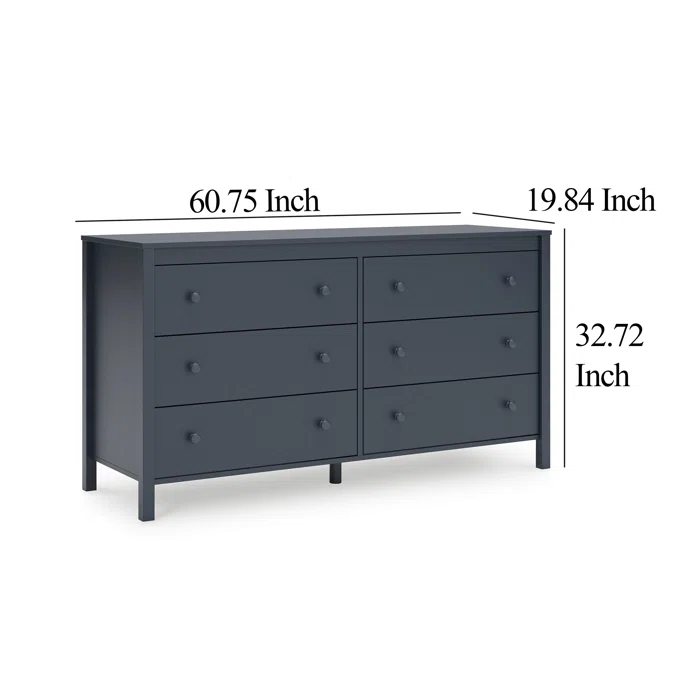 Benjara Cian Wide Dresser, 6 Drawers, Knob Handles, Navy Blue Wood, 61 Inch