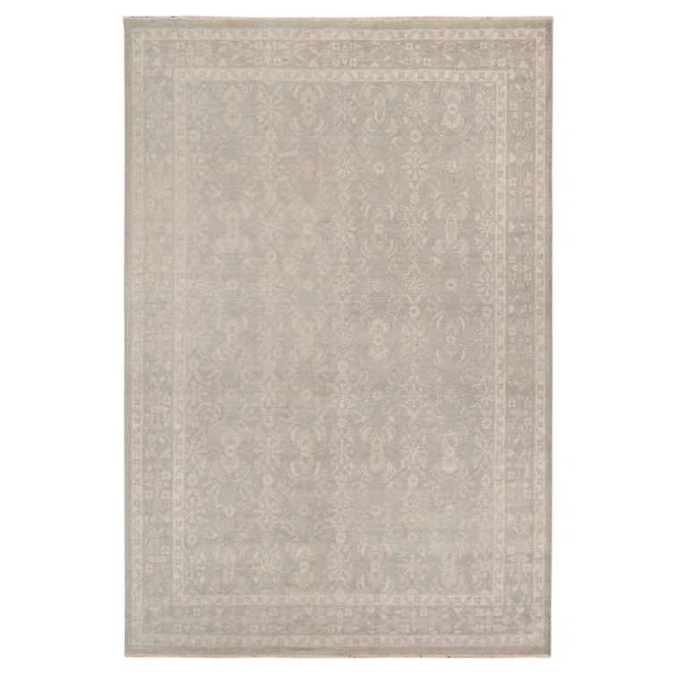 Ainsley Taupe and Light Blue Hand-Knotted Wool-Viscose Rug with Fringe