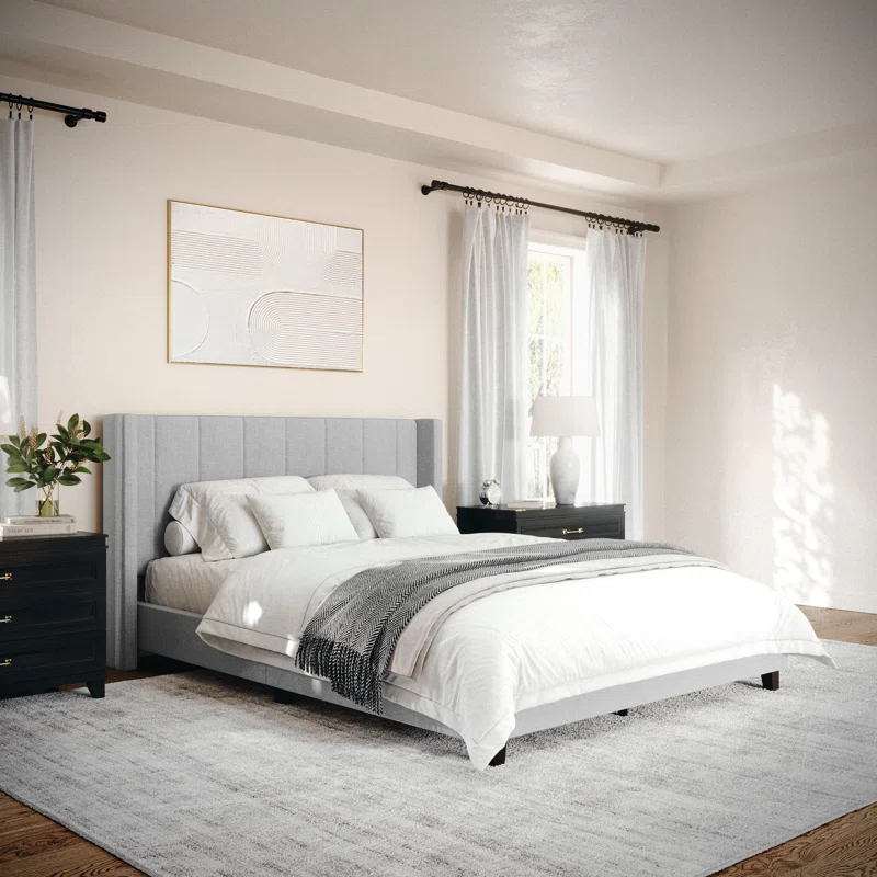 Martha Stewart Martha Stewart Kay Upholstered Platform Bed With Channel Stitched Wingback Headboard