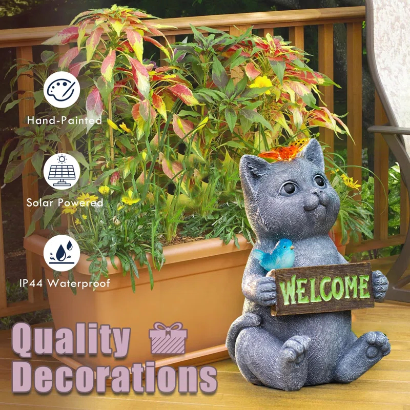 Trinx Solar Cat Figurine Garden Statues : Outside Welcome Cat Statue With Butterfly For Garden Decor And Yard Decorations - Unique Gifts
