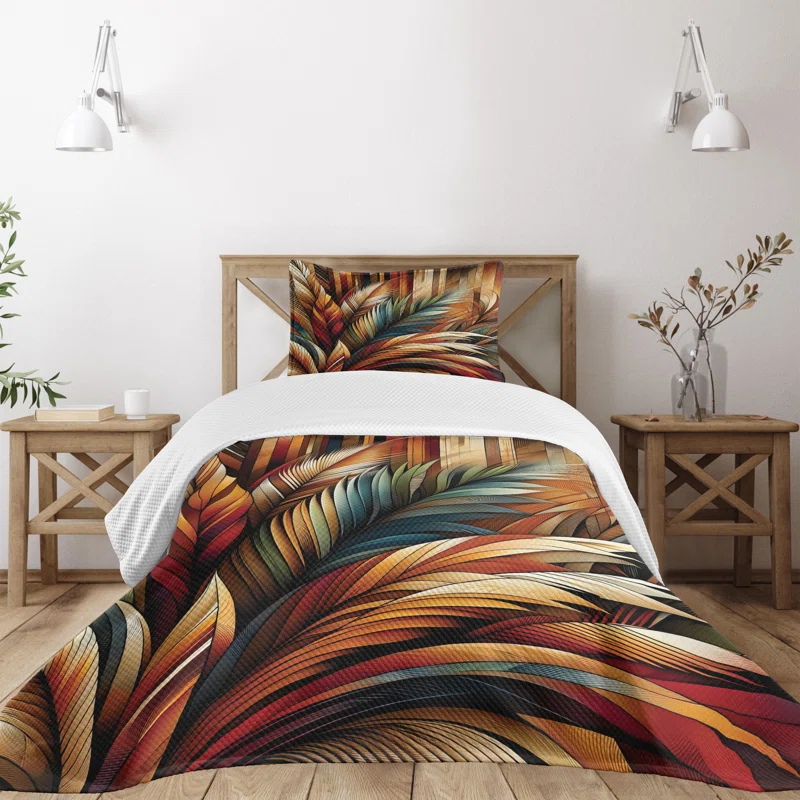 Ambesonne Aesthetic Bedspread Set Boho Rustic Bold Leaves Burnt Orange Teal and Blue