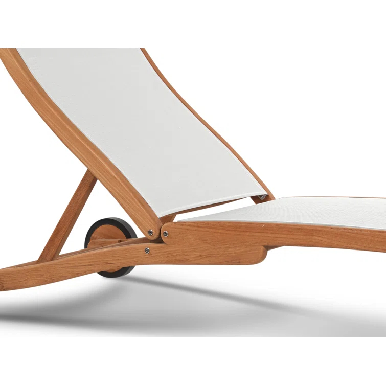 White Teak Outdoor Reclining Chaise Lounger with Wheels