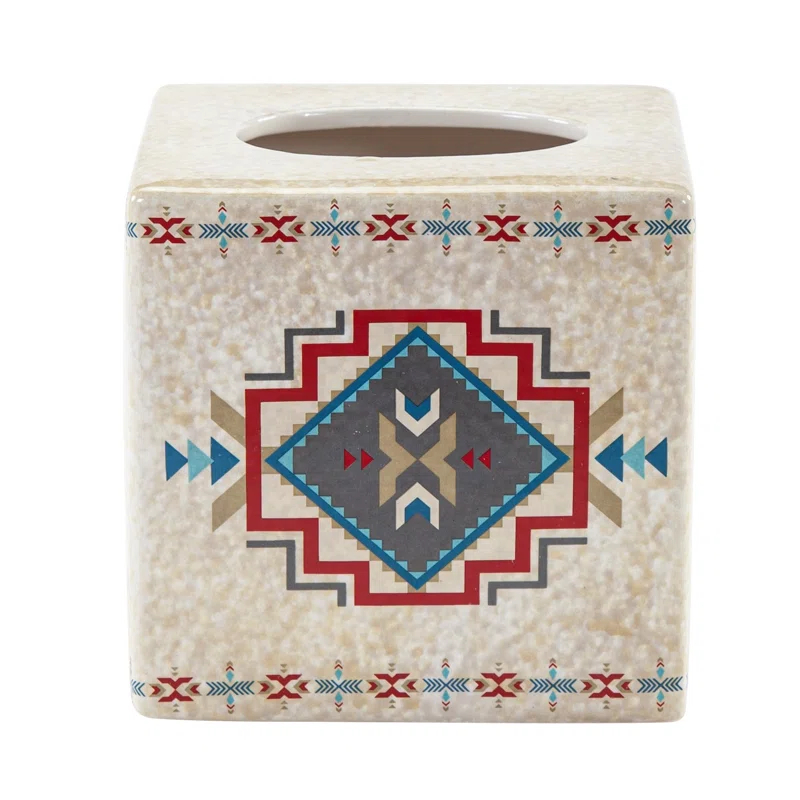 Paseo Road by HiEnd Accents Spirit Valley Cream Aztec Print Ceramic Southwestern Style Tissue Box Cover
