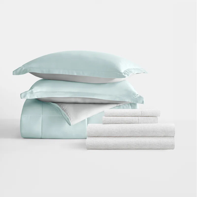 IEnjoy Home 7-Piece Reversible Bedding Bundle - Solid Comforter and Patterned Sheet Set
