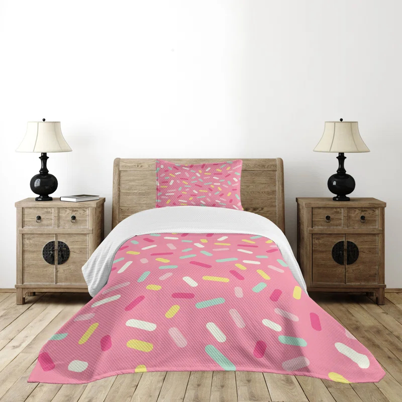 Ambesonne Ambesonne Pink and White Bedspread Set Donut Sprinkles Multicolor
