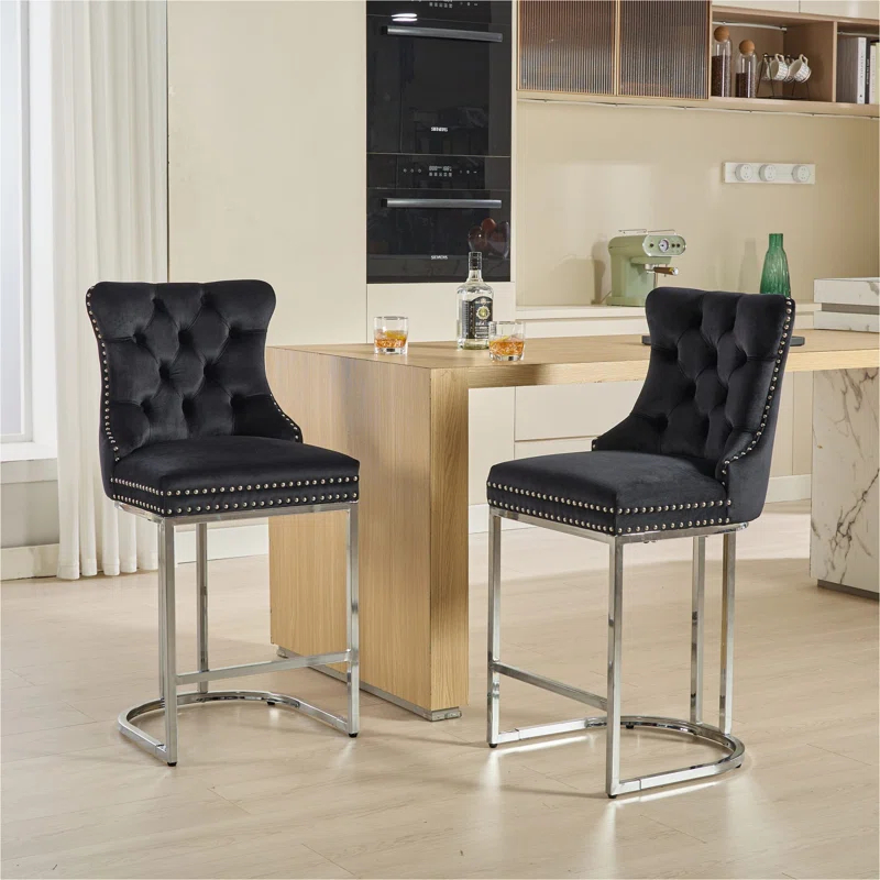 Rosdorf Park 25" Counter Height Bar Stools Set Of 2, Modern Velvet Barstools With Button Back&Rivet Trim Upholstered Kitchen Island Chairs With Sturdy Chromed Metal Base Legs Farmhouse Bar Stools,