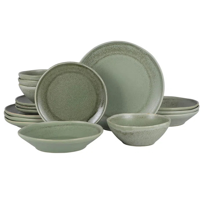 Gibson Elite Island Cove 16 Piece (Service for 4) Plates and Bowls Reactive Glaze Organic Round Dishes Stoneware Ceramic Dinnerware Set