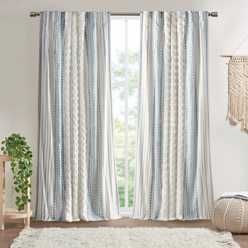 INK+IVY Imani Cotton Printed Boho Single Curtain Panel with Chenille Stripe and Lining