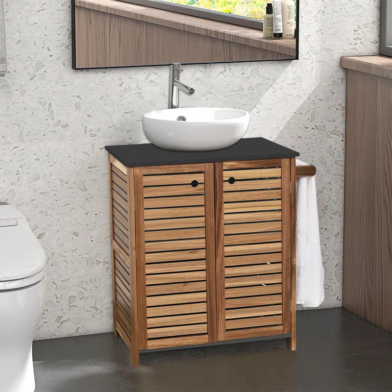 Evideco Brown and Gray Under Sink Cabinet with U-Shaped Cut-Out, Double Vented Doors, Towel Holder - Elements Collection