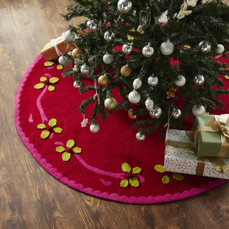 Pink and Red Holly Christmas Tree Skirt- Hand felted Wool-60"