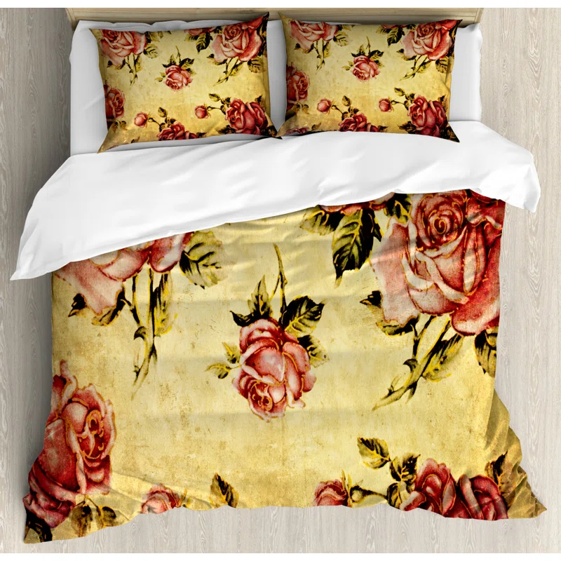 Ambesonne Cream/Pink/Green Microfiber Modern & Contemporary Duvet Cover Set