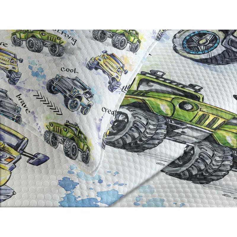 Ambesonne Ambesonne Cars Bedspread Set Hand Drawn Monster Truck Yellow Lavender Blue