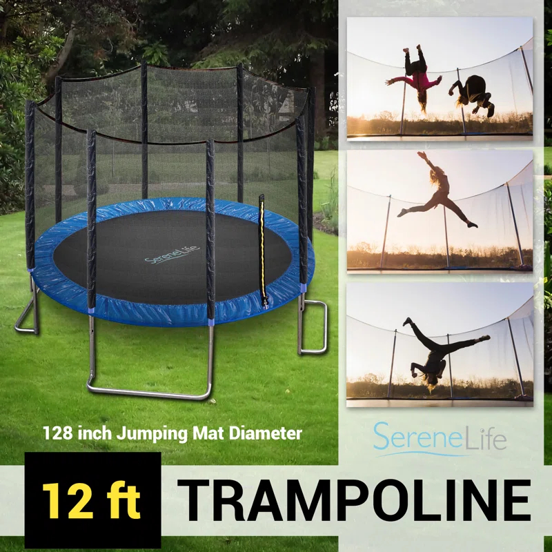 SereneLife Outdoor Trampoline With Enclosure 12Ft - Full Size Backyard Trampoline With Safety Net - Enclosed Trampoline For Kids, Teen, Adult - 12 Feet Indoor Outdoor Trampolines
