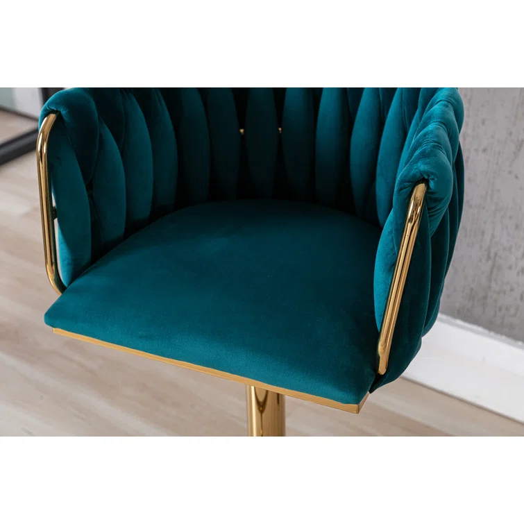 Everly Quinn Swivel Adjustable Height Bar Stool Modern Velvet Barstool with Barrel Back Kitchen Island Counter Bar Chair with Golden Base
