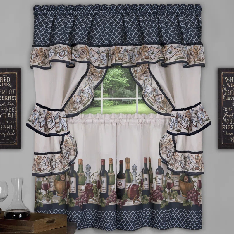 Ophelia & Co. Lange Floral Ruffled 57'' W Kitchen Curtain in Navy