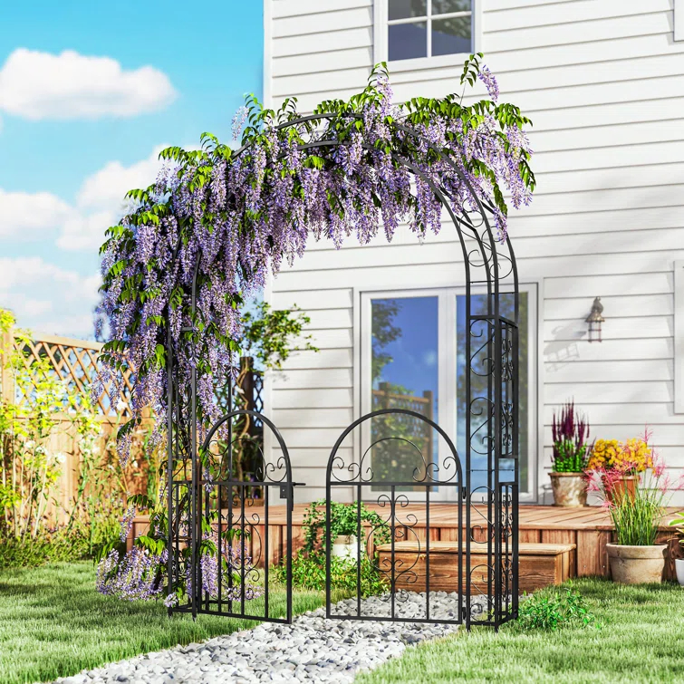 Outsunny 7.4ft Steel Garden Arch with Gate, Garden Arbor Trellis, Black