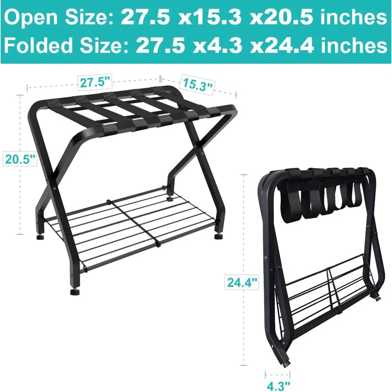 BINO Folding Luggage Rack With 2-Tiers Storage Shelf, Foldable Steel Frame Luggage Organizers For Suitcase, Metal Luggage Holder For Guest Room, Bedroom, Hotel, Closet, Black, 1Pack
