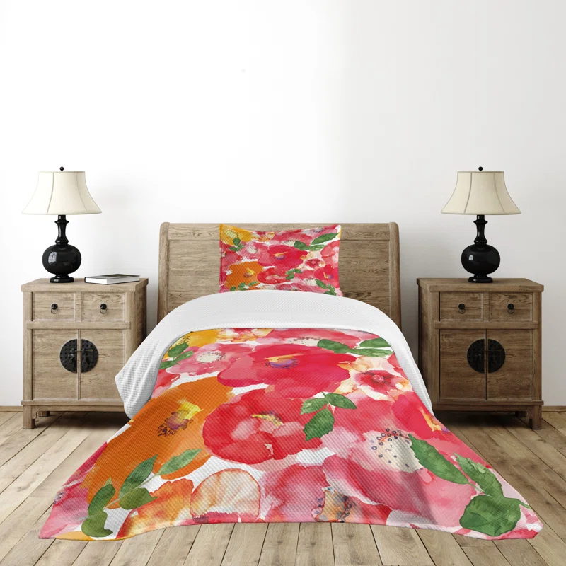 Ambesonne Ambesonne Flower Bedspread Set Watercolor Style Floral Red and Orange