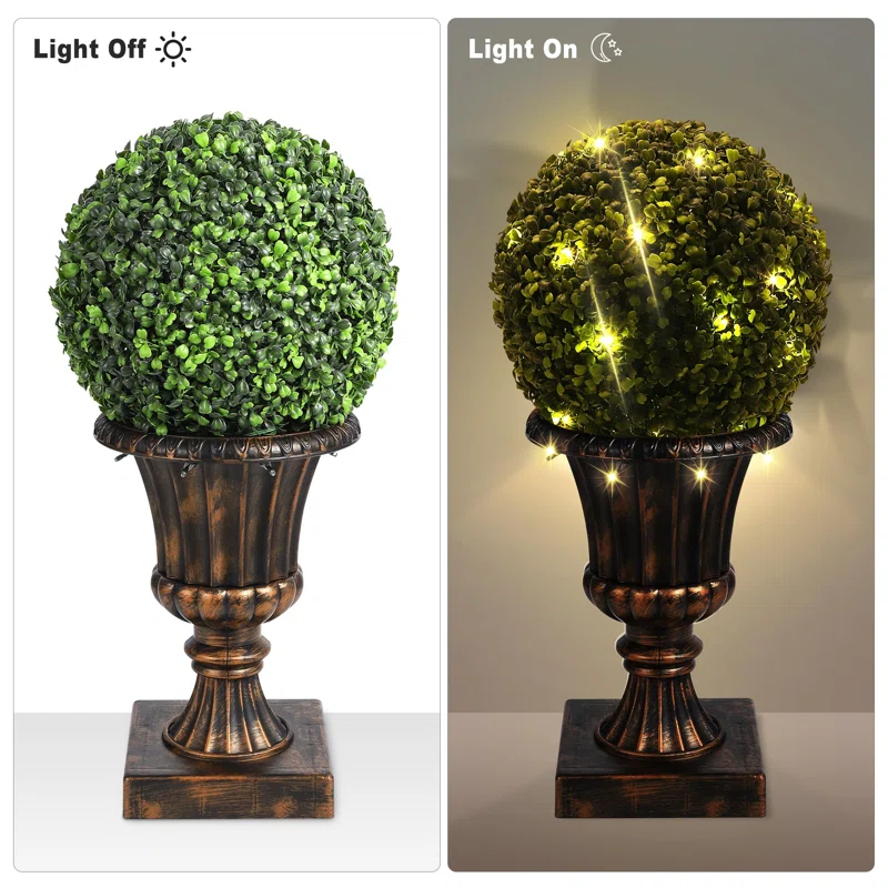 Yuan Home 2Pcs 12” Artificial Plant Topiary Ball With Pot, Faux Boxwood Balls With LED