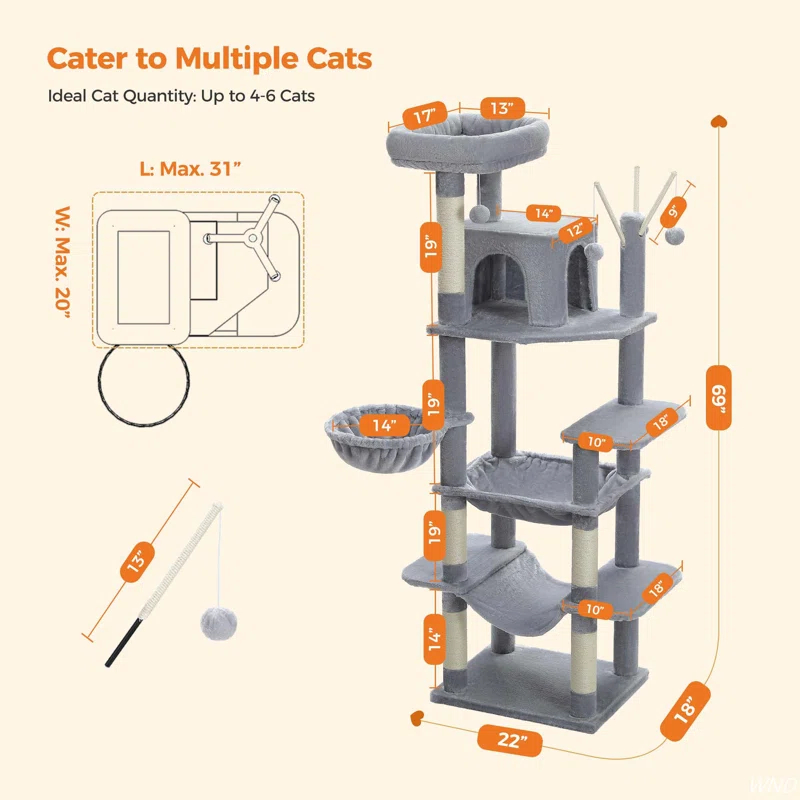 69" Tall Cat Tree Large Cat Tower With Super Big Hammock, Scratching Posts, Condo House And Large Top Perch
