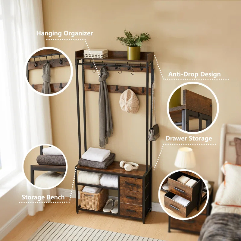 Hall Tree, 5-in-1 Coat Rack with Bench and Shoe Storage