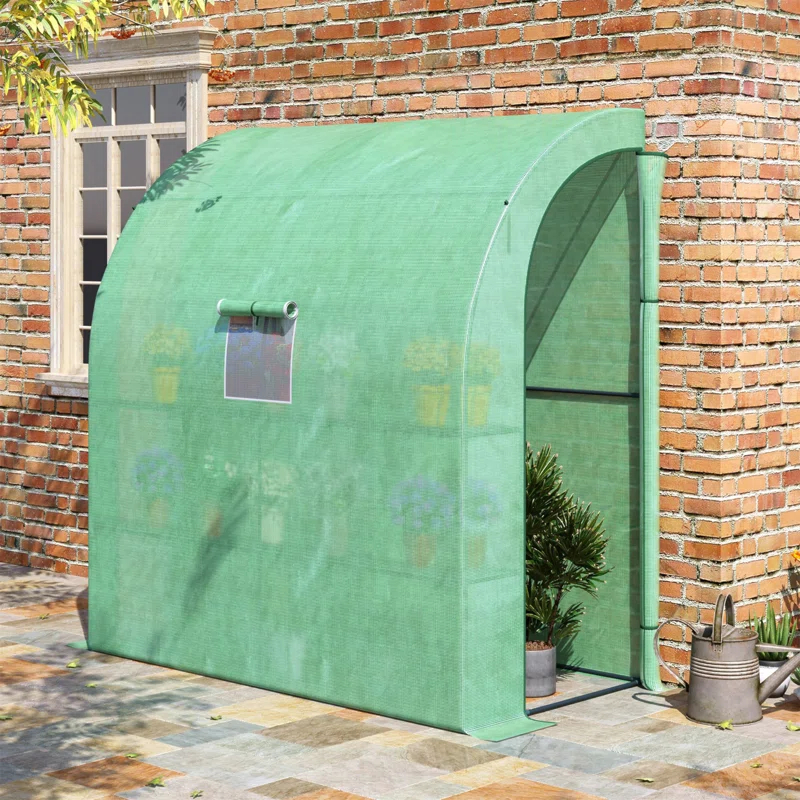 HLILish Outsunny 7' X 3' X 7' Lean To Greenhouse, Walk-In Green House, Plant Nursery With 2 Roll-Up Doors And Windows, PE Cover And 3 Wire Shelves