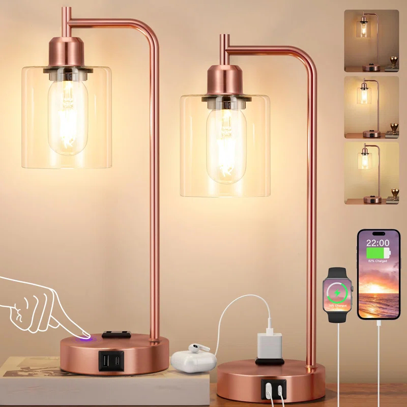 Latitude Run® Industrial Touch Table Lamps for Bedrooms Set of 2 - 3-Way Dimmable Nightstand Lamps with USB C+A Ports and Outlet, Bedside Lamps with Glass Shade for Living Room, Desk Lamps for Home Office