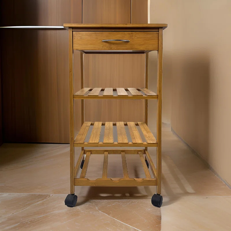 Benjara Harry Kitchen Bar Cart, 1 Drawer, 3 Shelves, Brown Bamboo, Rolling Wheels