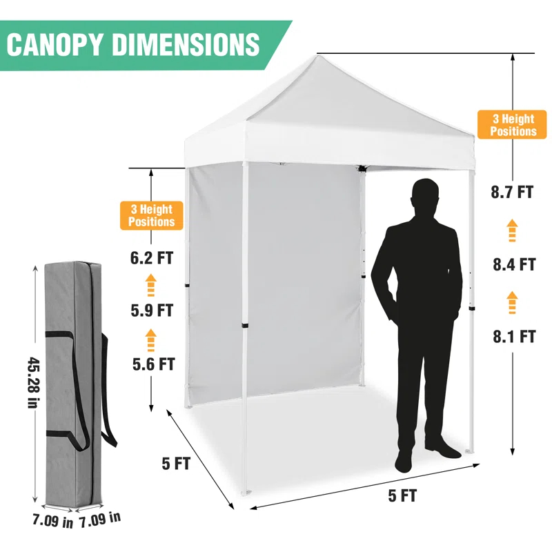 INTER HUT 5 Ft. W x 5 Ft. D Outdoor Pop Up Steel Canopy Portable Tent with 1 Sidewall