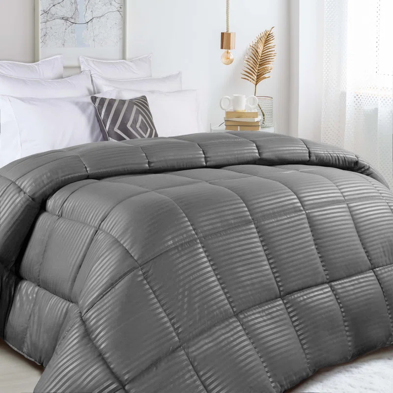 Superior Striped Reversible Box-Quilt Brushed Microfiber Medium Weight Down Alternative Comforter