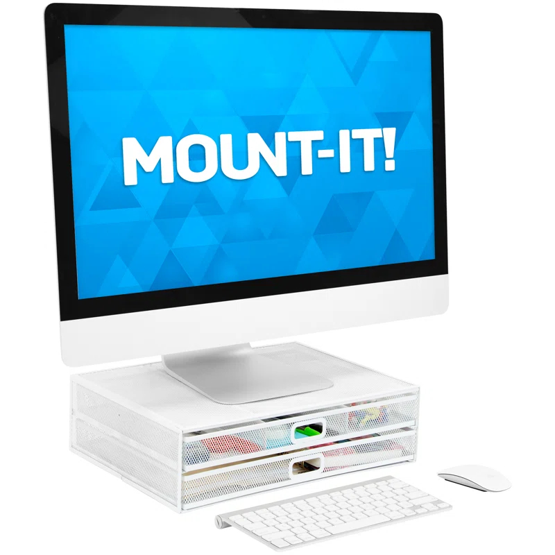 Mount-It! Computer Monitor Stand With Drawers, Metal Mesh Riser & Organizer For Laptop and Computer