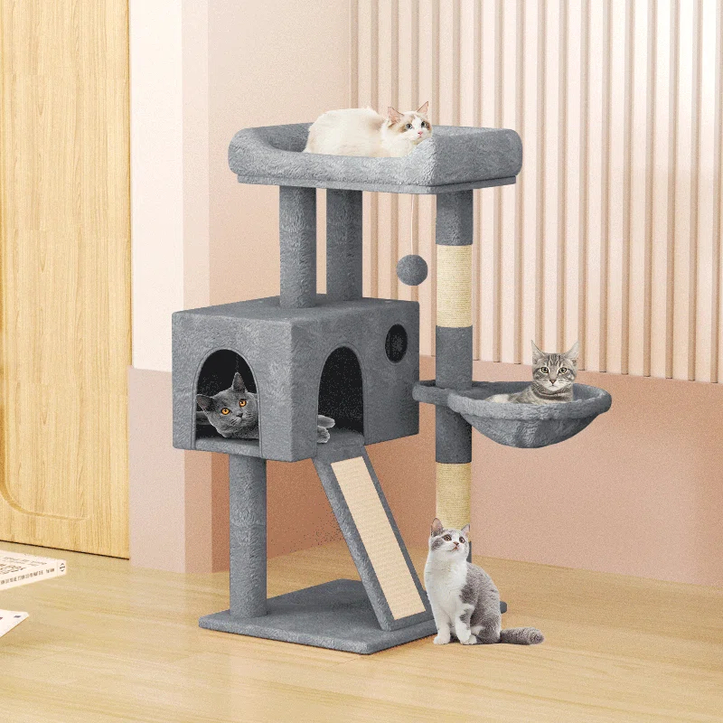 36" Small Cat Tower With Hammock, Sisal Scratching Posts, And Ramp, Perfect For Indoor Cats
